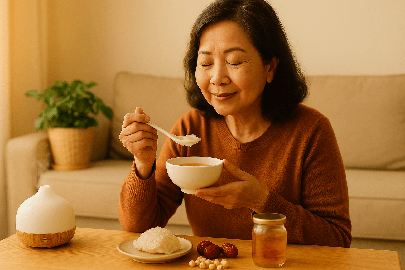Người lớn tuổi uống yến chưng để phục hồi sức khỏe phổi sau bệnh lý hô hấp