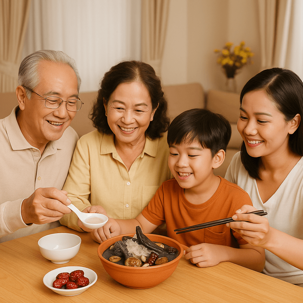 Gia đình thưởng thức món tổ yến hầm chim bồ câu dịp cuối tuần